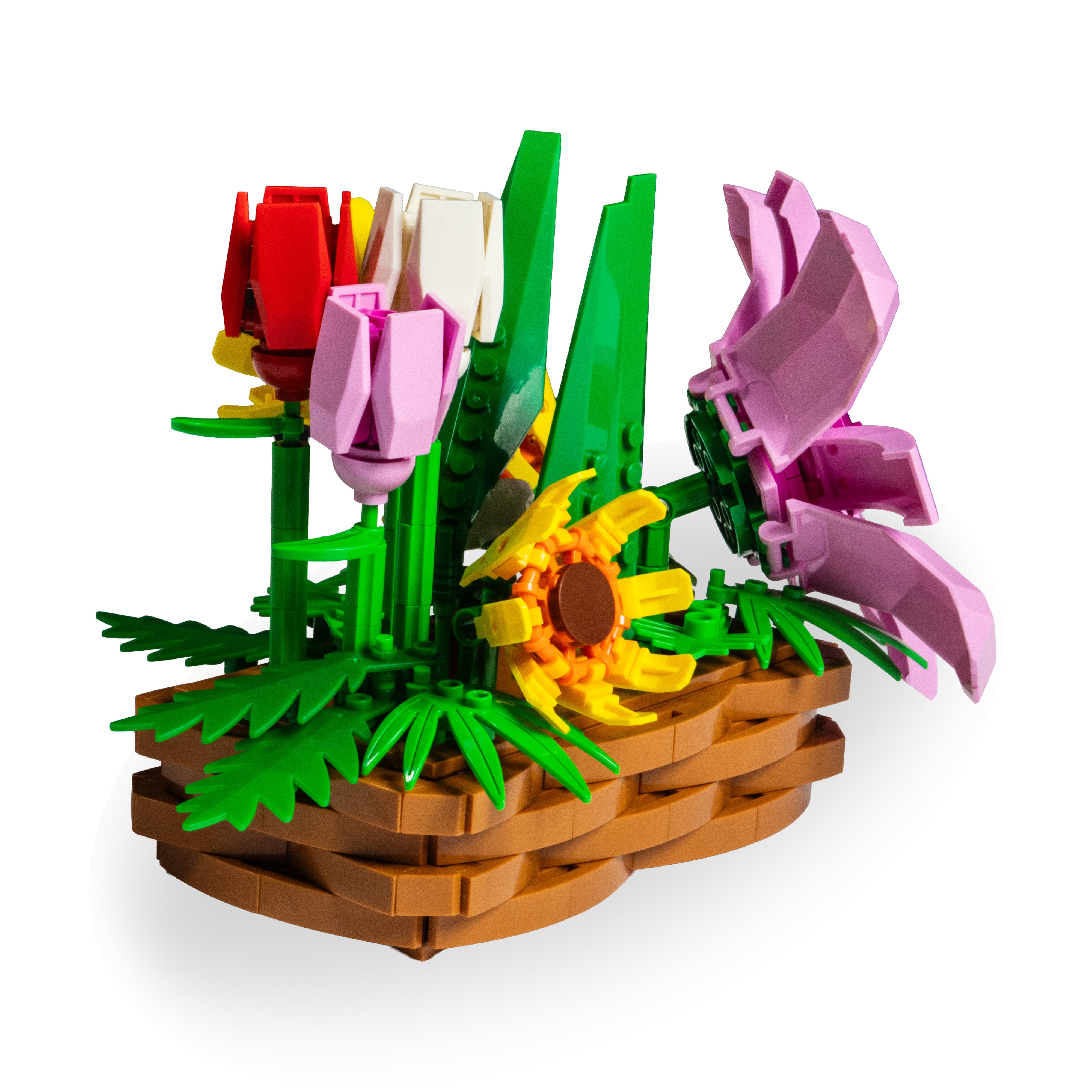 LEGO flower arrangement with a basket on a white background