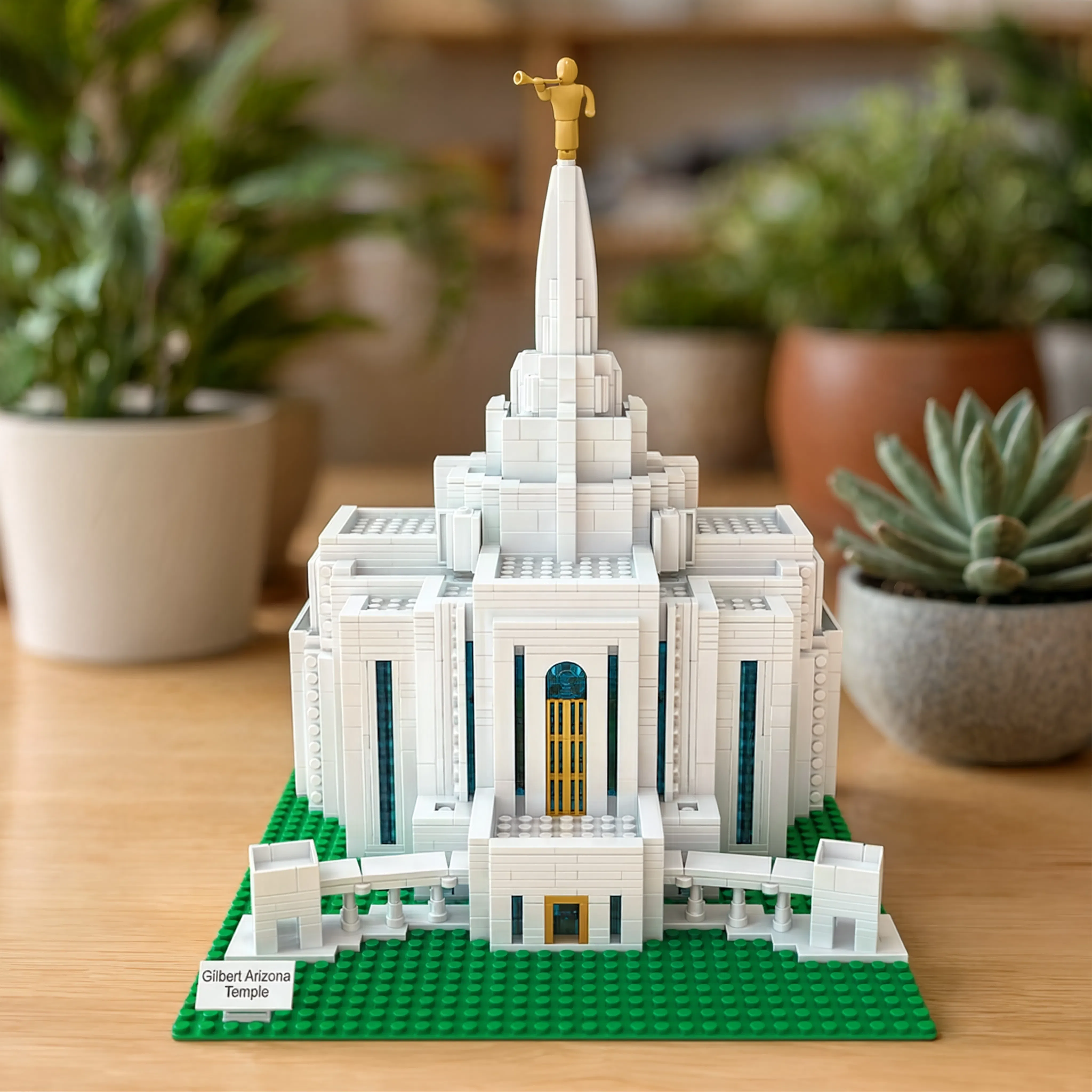 A white and green building-block style model of the Gilbert Azaria Temple, shown on a wooden table with blurred potted plants in the background.