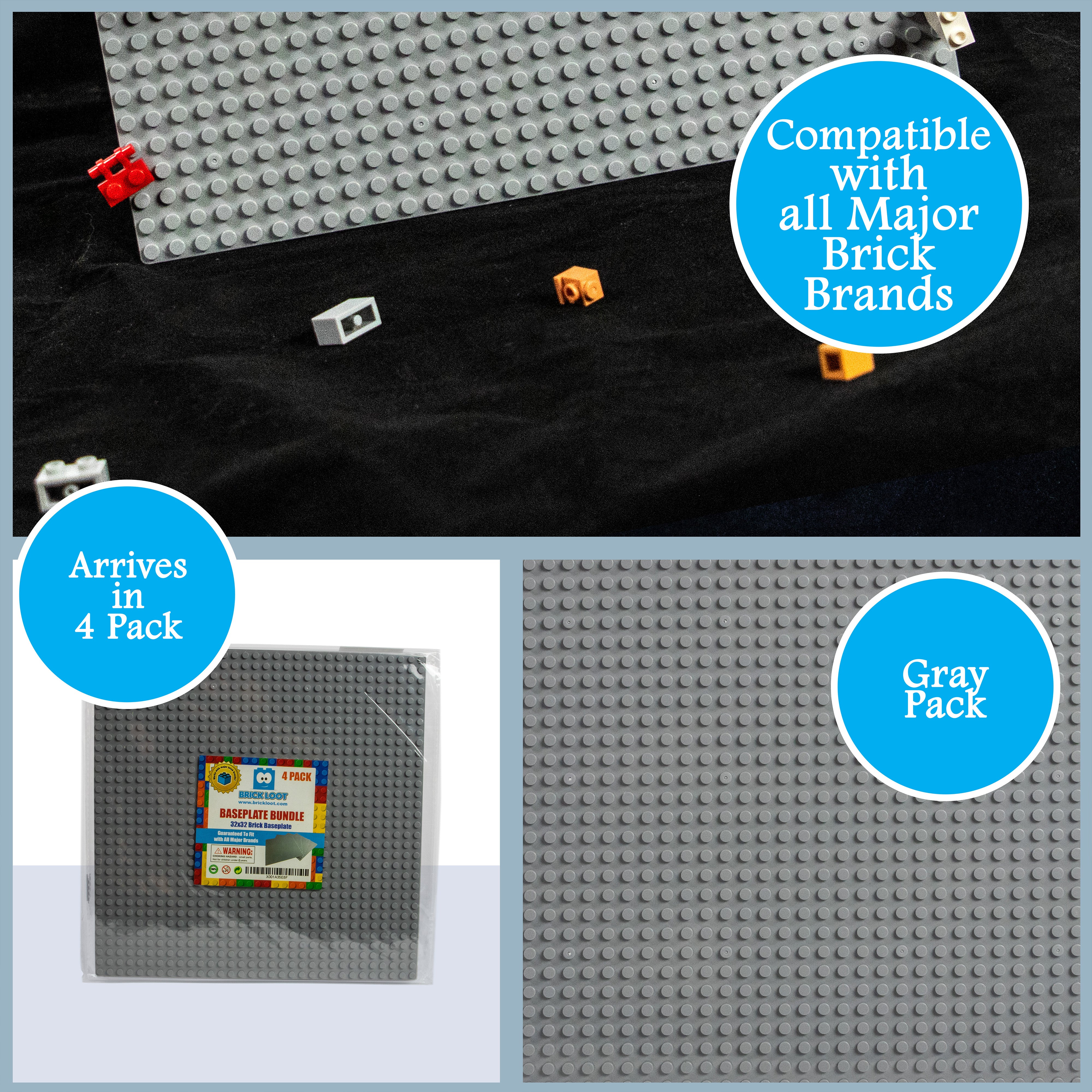 Baseplate Bundle - 4 pack of GRAY 32x32 - 10" x 10" Base Plates