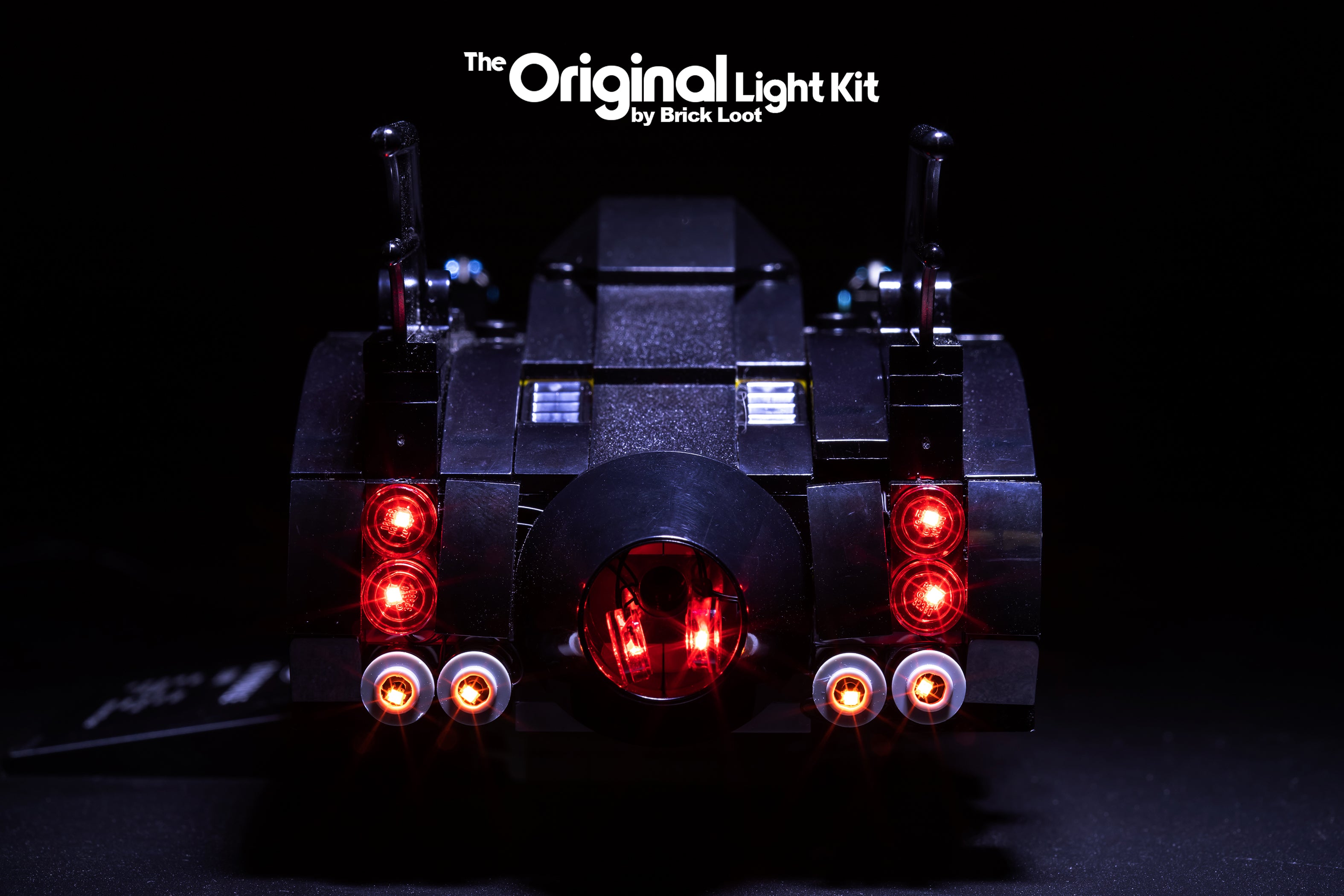 Rear view of the LEGO 1989 Batmobile Mini - Limited Edition - set 40433 with Brick Loot LED Light Kit installed.