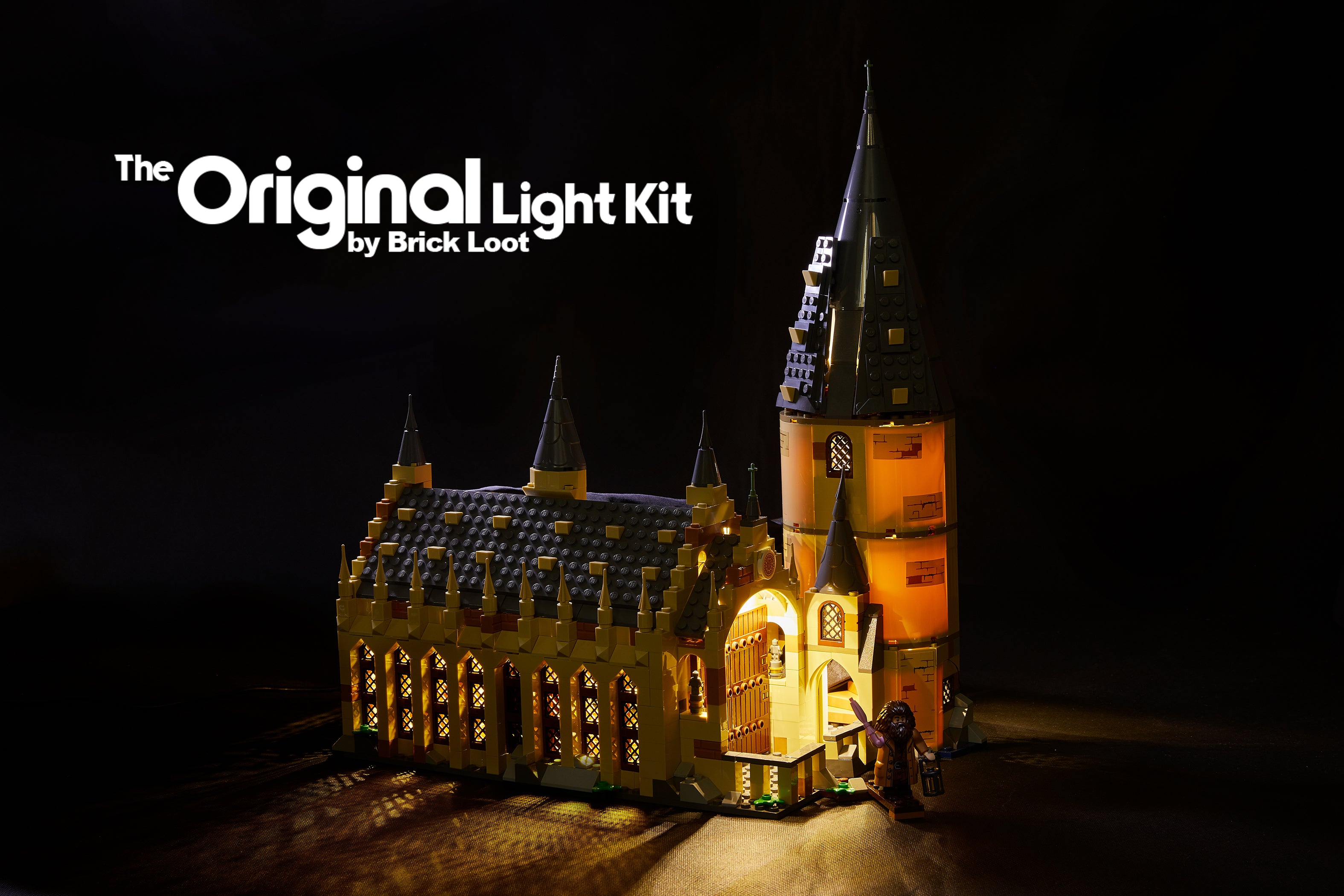 LEGO Hogwarts Great Hall set 75954, glowing with the Brick Loot LED Light Kit installed.