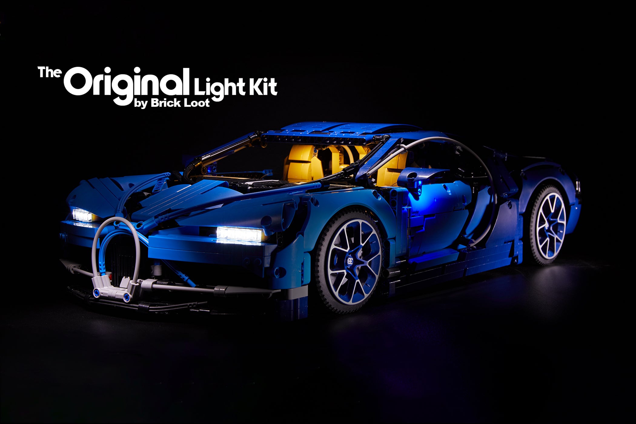 LEGO Bugatti Chiron set 42083 with the custom Brick Loot LED Light Kit installed.