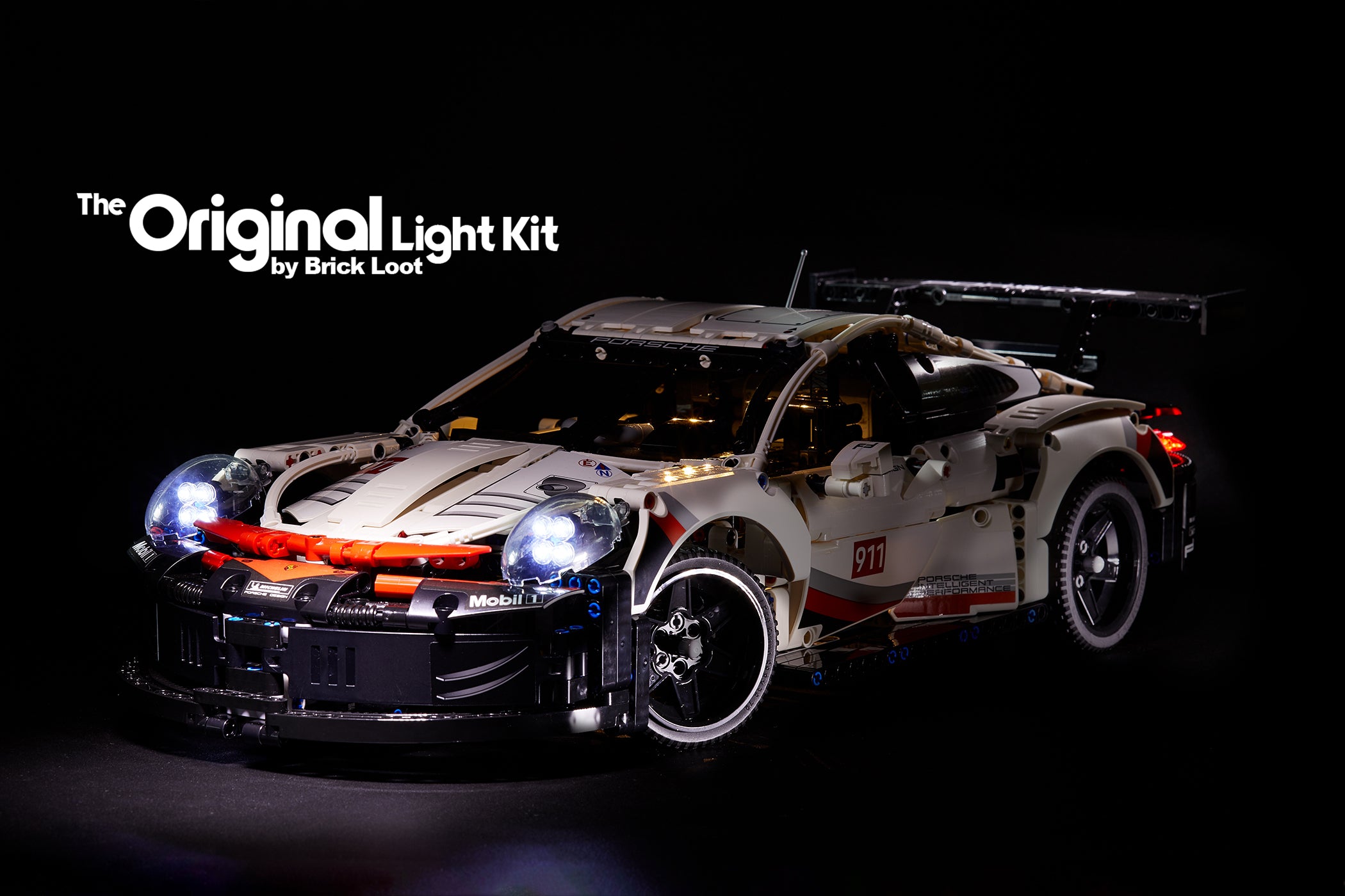 LEGO Porsche 911 RSR set 42096 with the custom-designed Brick Loot LED Light Kit installed.