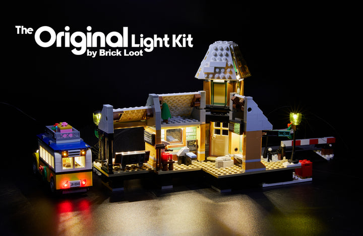The back of the LEGO Winter Village Station set 10259, beautifully illuminiated with the custom Brick Loot LED Light kit!
