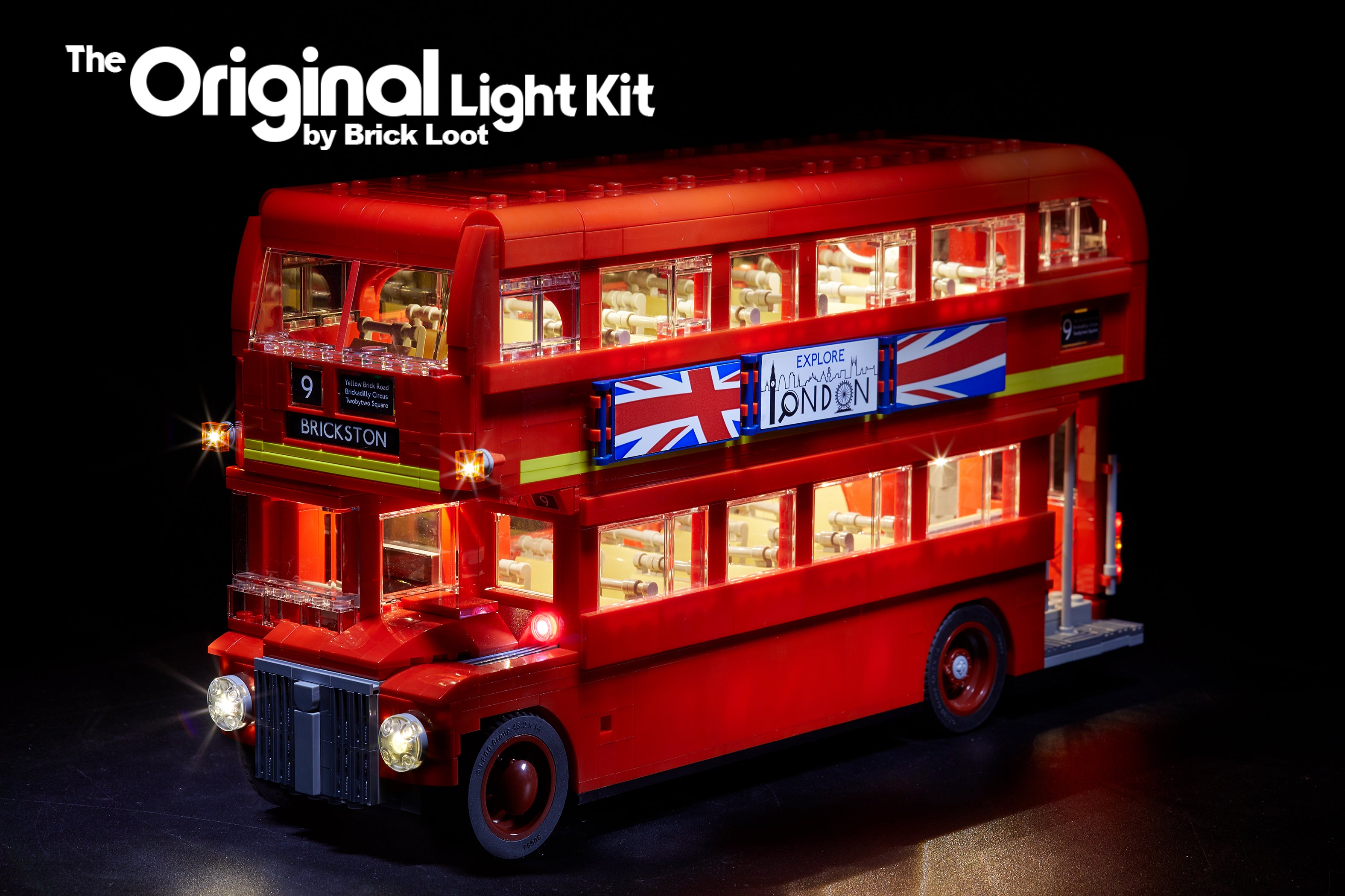 LEGO London Bus set 10258, brilliantly illuminated with the Brick Loot LED Light Kit.