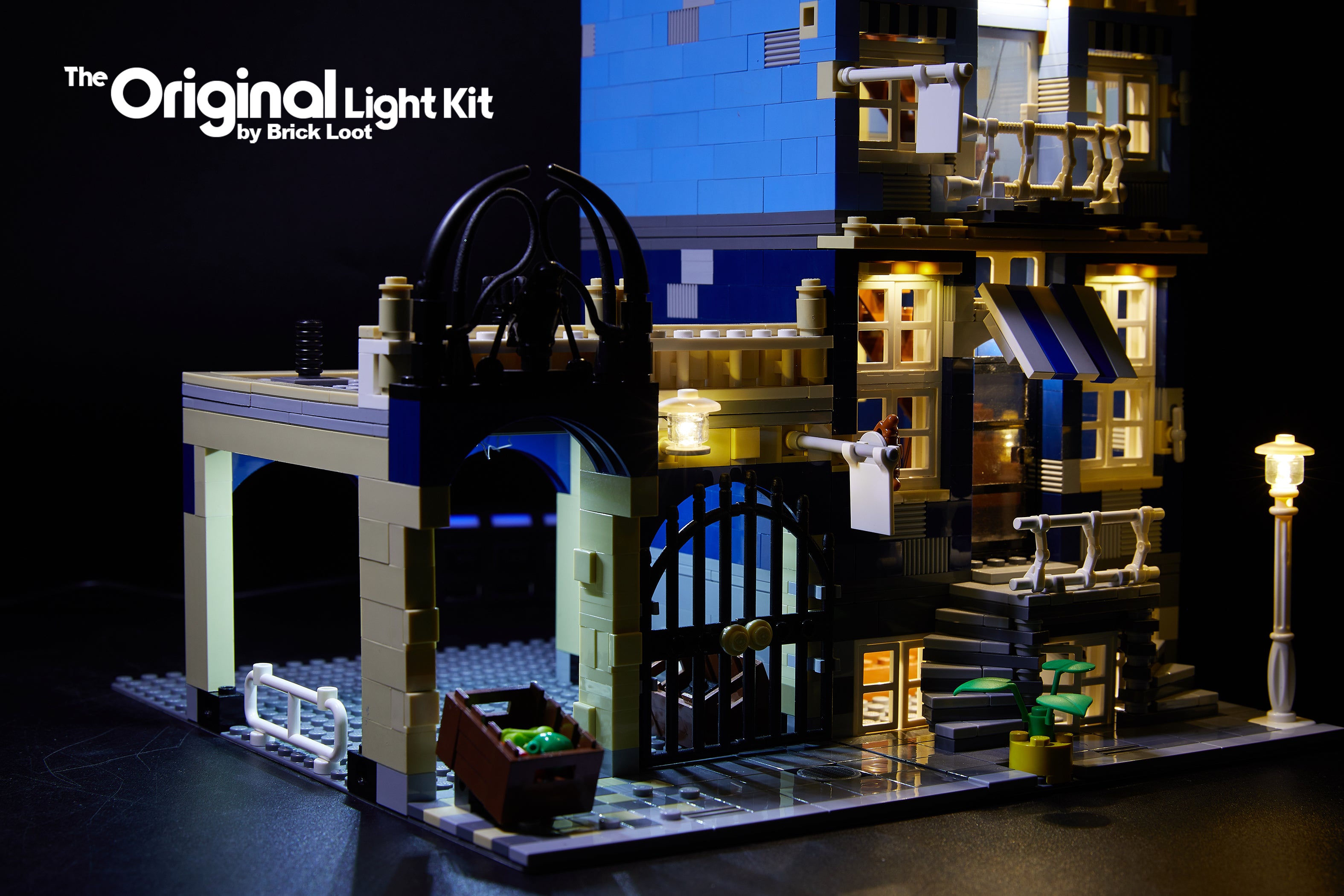 Close-up of the LEGO Market Street set 10190, with the Brick Loot Light kit installed.