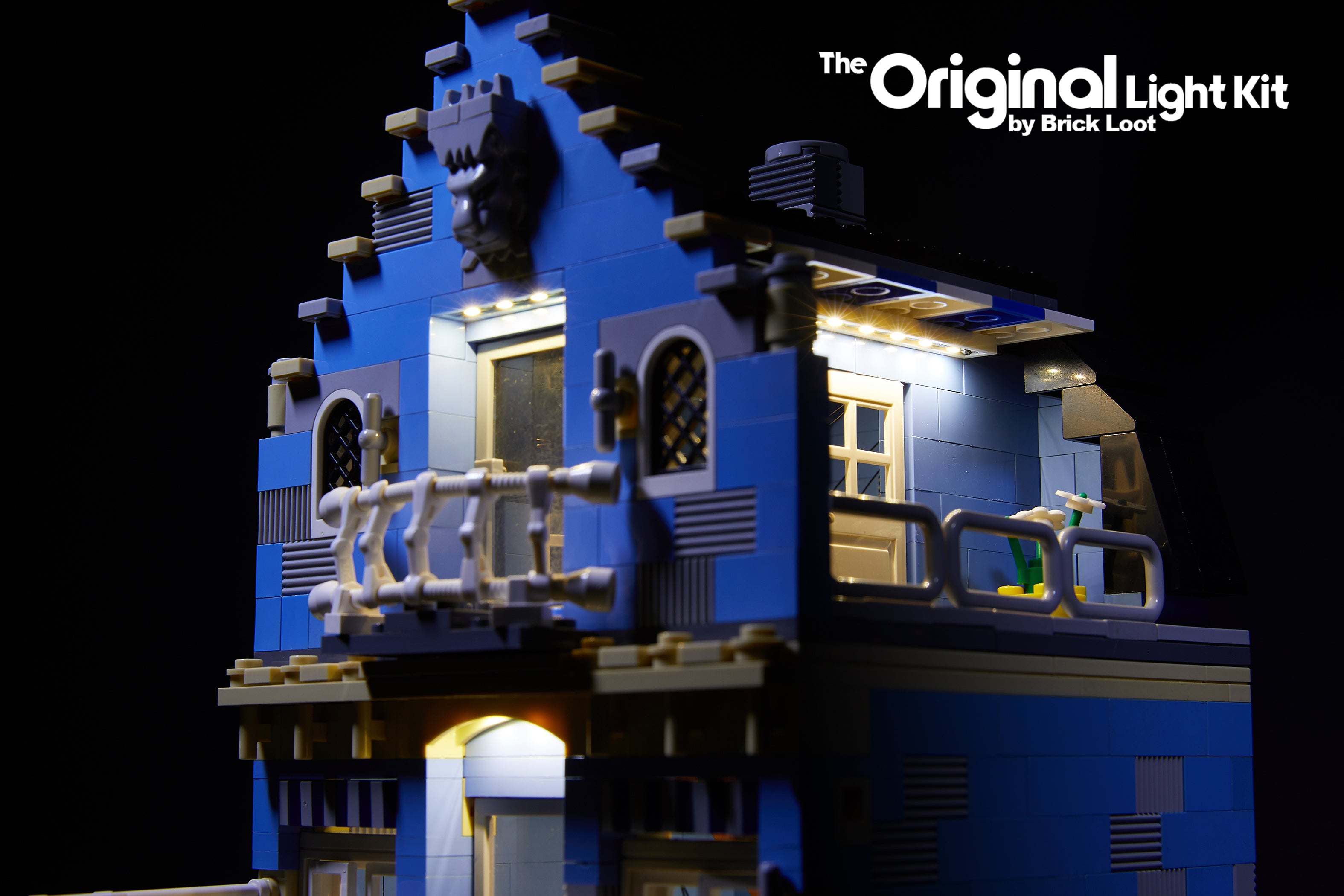 Close-up of the LEGO Market Street set 10190 with the Brick Loot Light kit installed.