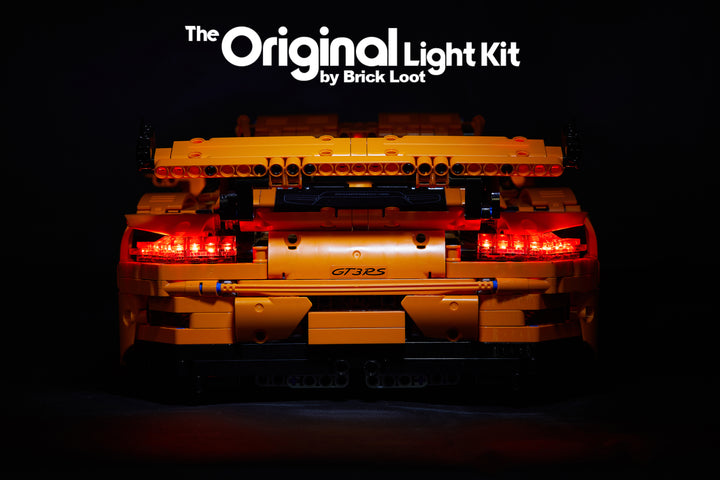Rear view of the LEGO Porsche 911 GT3 RS set 42056, lit up with the Brick Loot LED Light Kit.