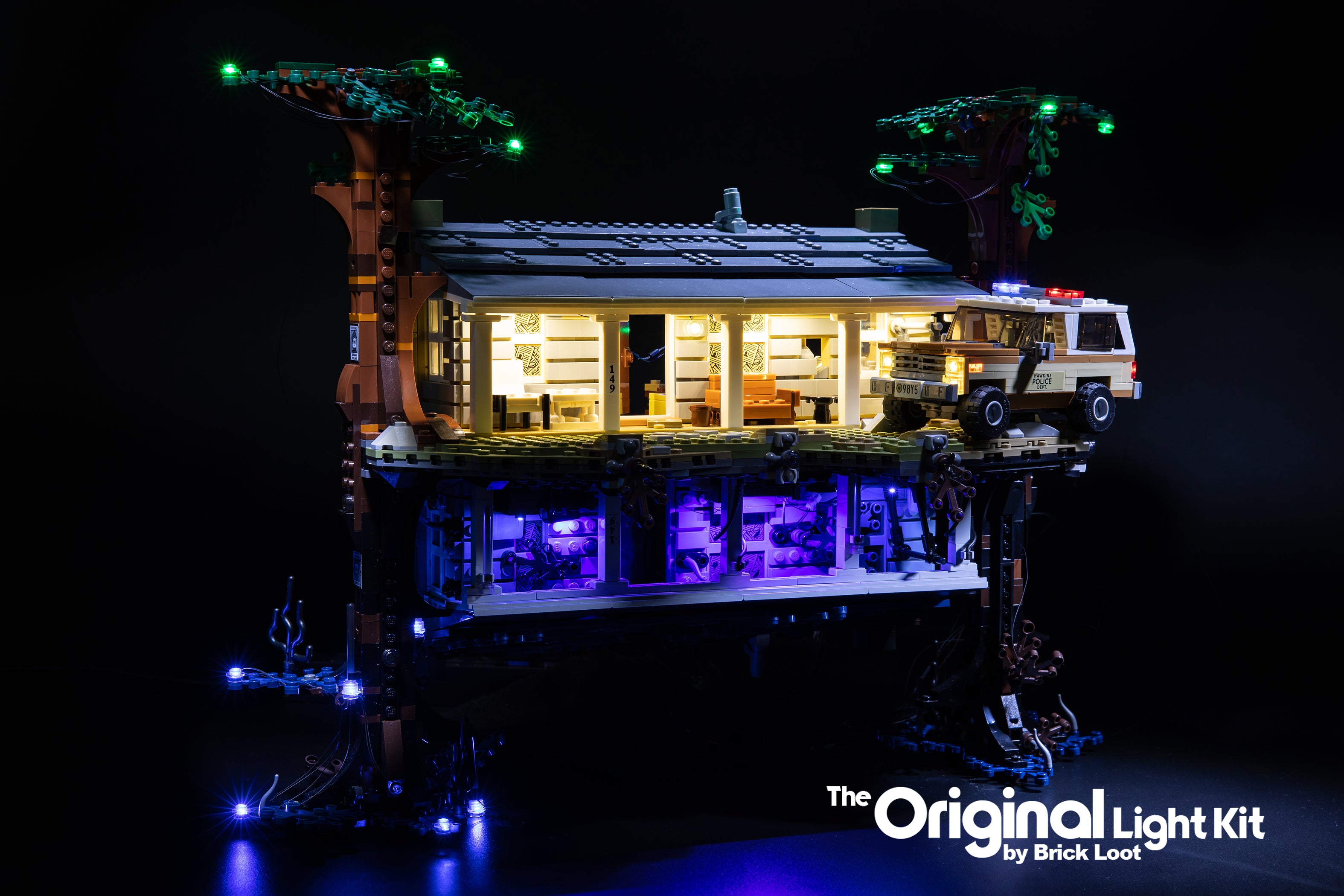 LEGO Stranger Things The Upside Down set 75810, illuminated with the Brick Loot LED Light Kit.