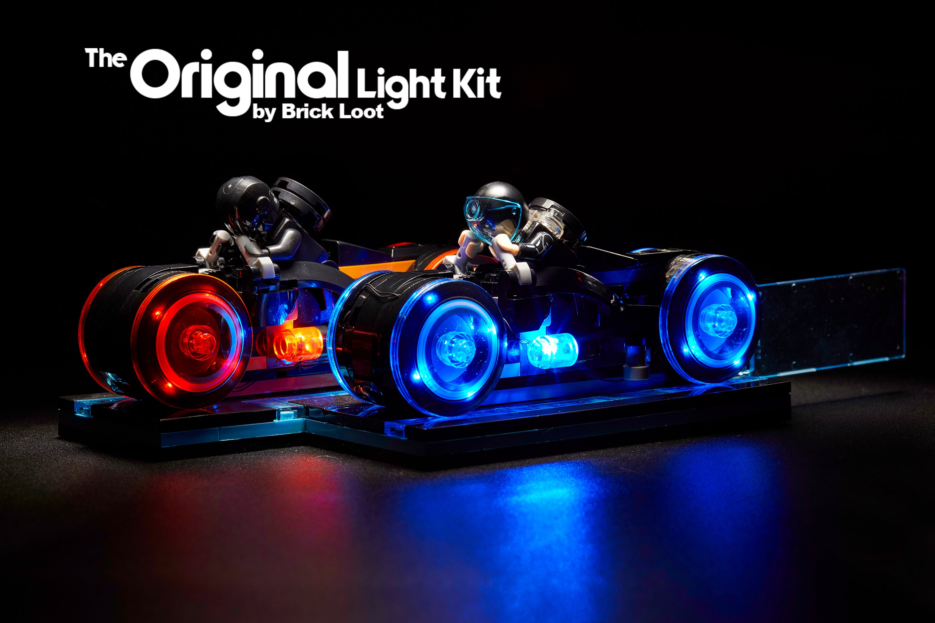 LEGO Tron Legacy set 21314 with the Brick Loot LED Light Kit installed with brilliant red and blue LED lights.