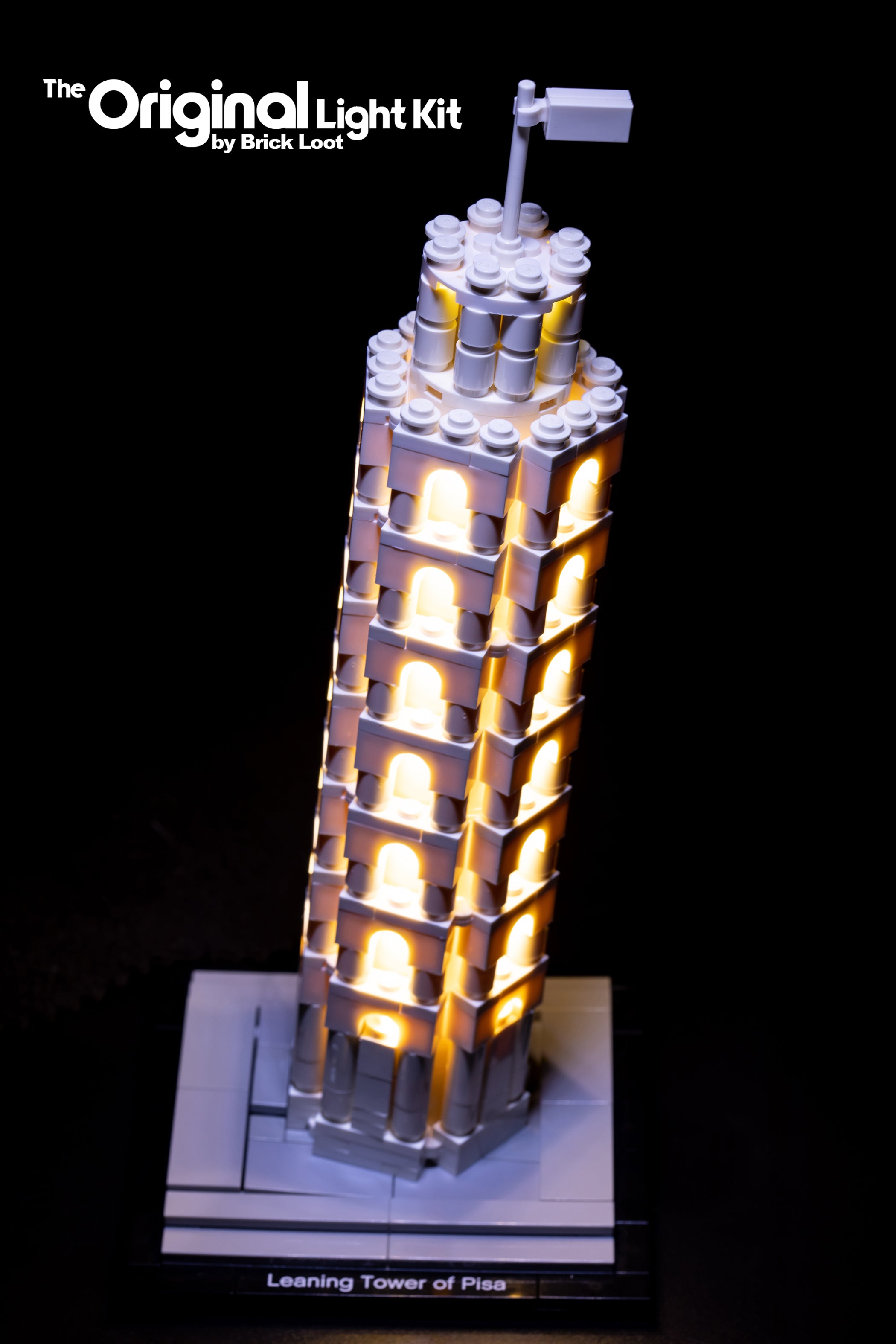 LEGO Architecture Leaning Tower of Pisa set 21015, brilliantly illuminated with the custom Brick Loot LED Light Kit!