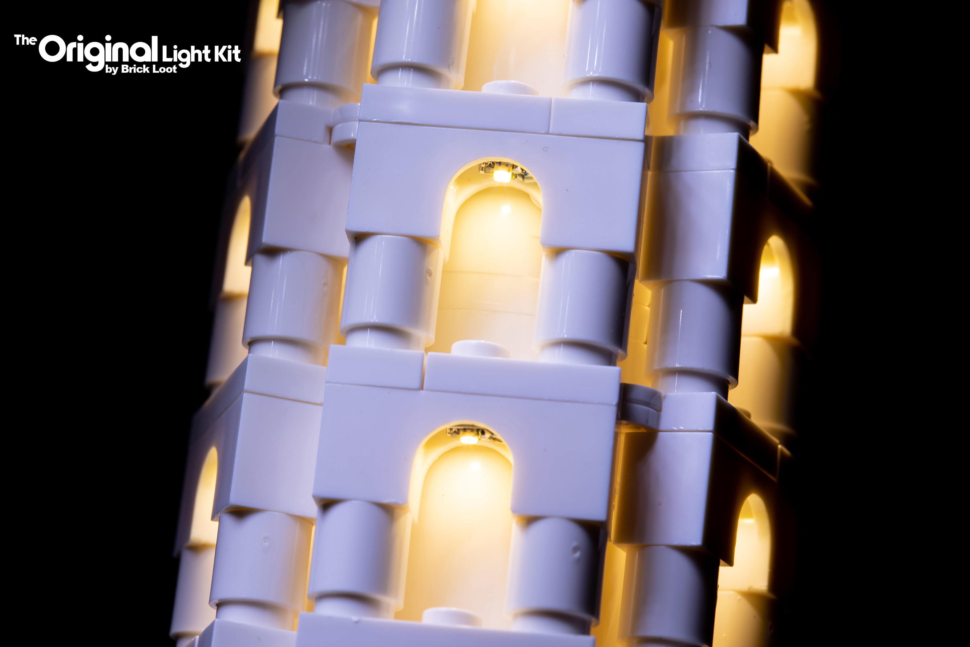 Close-up of the LEGO Architecture Leaning Tower of Pisa set 21015, brilliantly illuminated with the custom Brick Loot LED Light Kit!