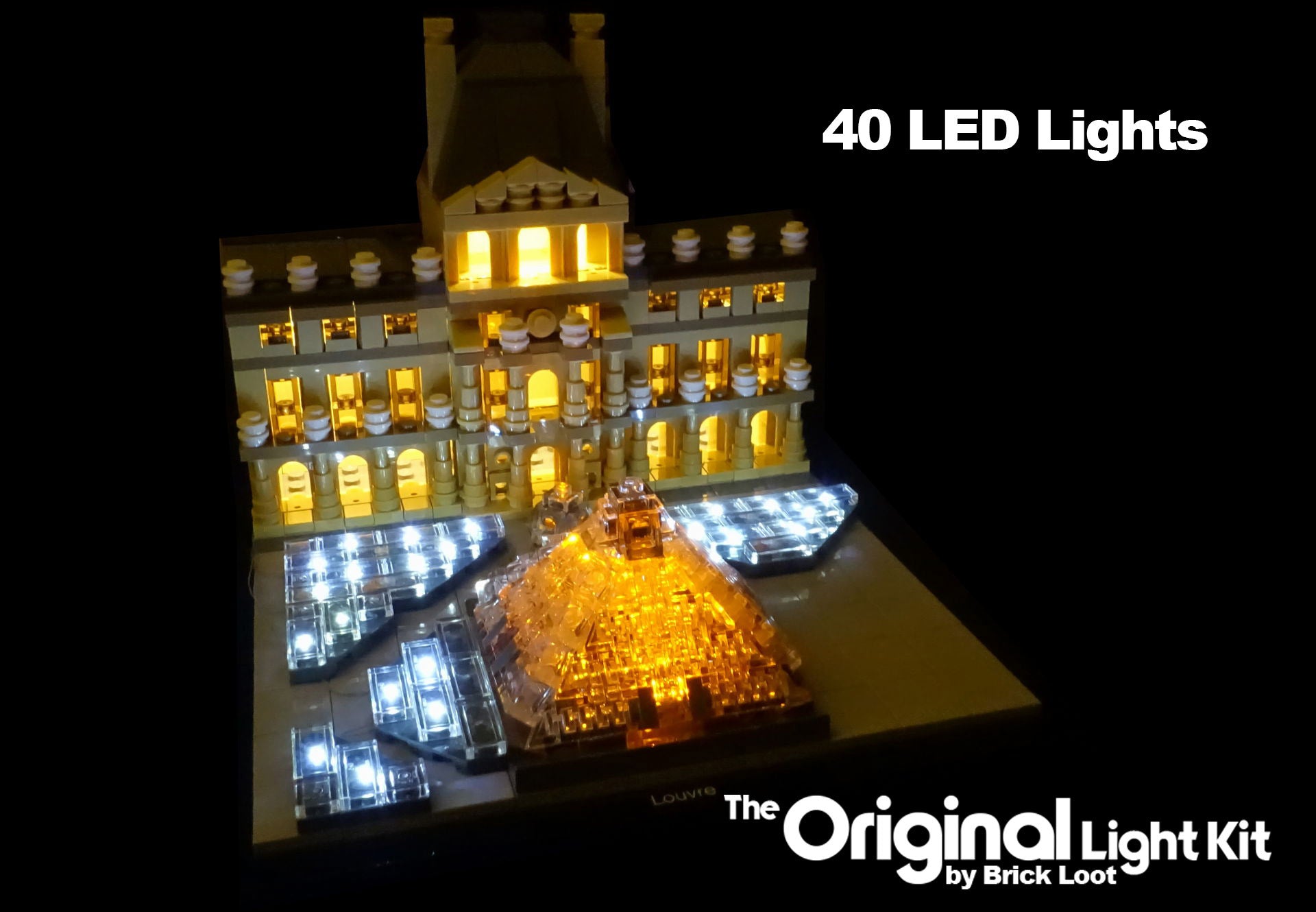 LEGO Architecture The Louvre set 21024, beautifully illuminated with the Brick Loot LED Light Kit.