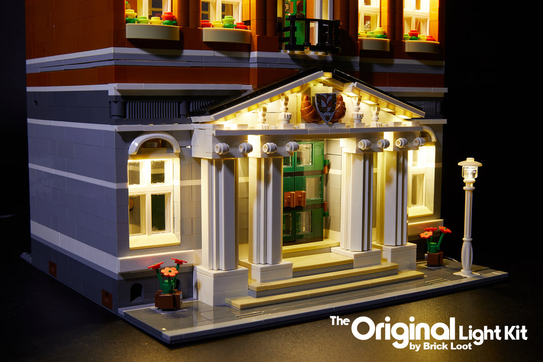 Close-up of the LEGO Town Hall set 10224, with the custom Brick Loot LED kit with brilliant lights.