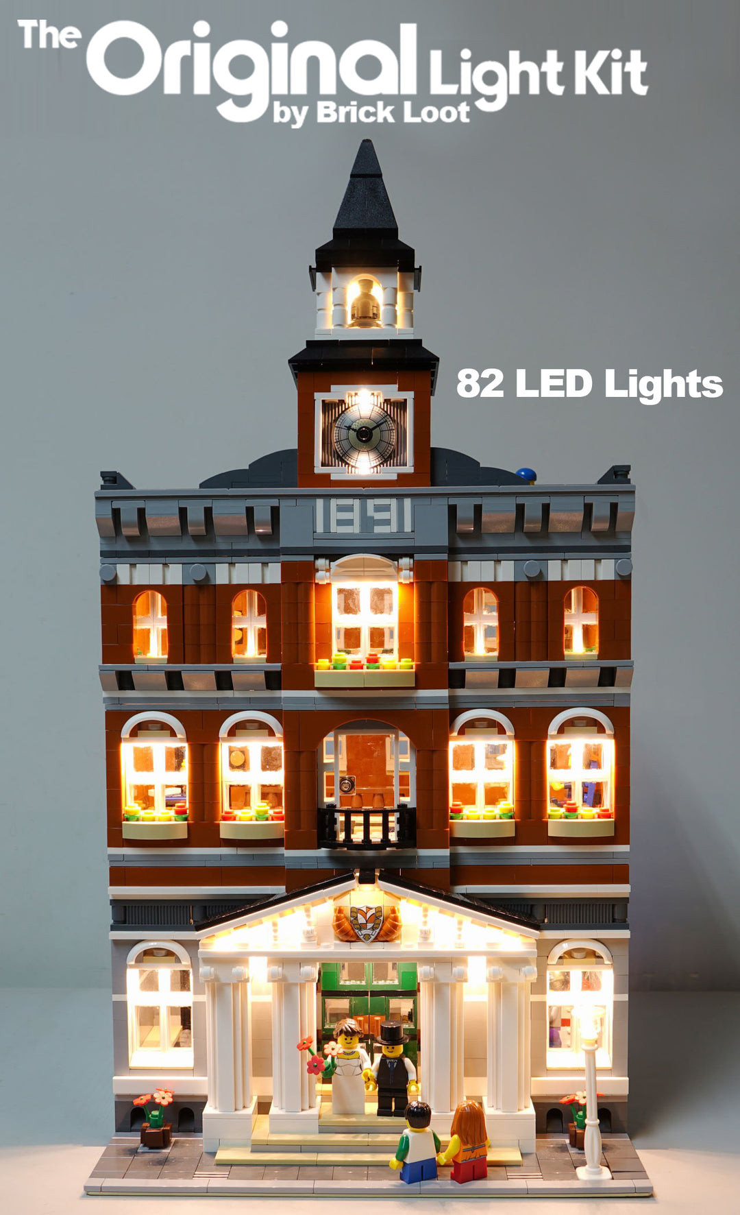 LEGO Town Hall set 10224, illuminated with the Brick Loot LED lighting kit with 82 LED lights. Bright in the day and at night.