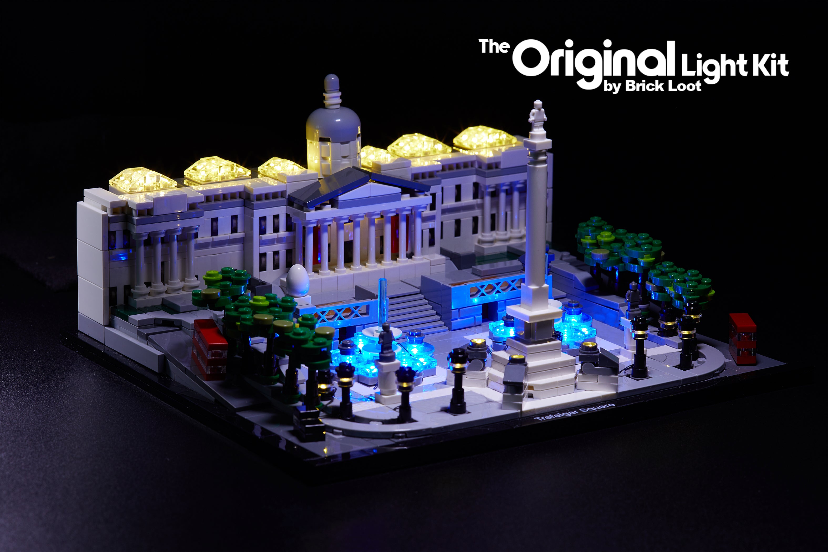 LEGO Architecture Trafalgar Square set 21045, beautifully illuminated with the Brick Loot LED Light Kit.