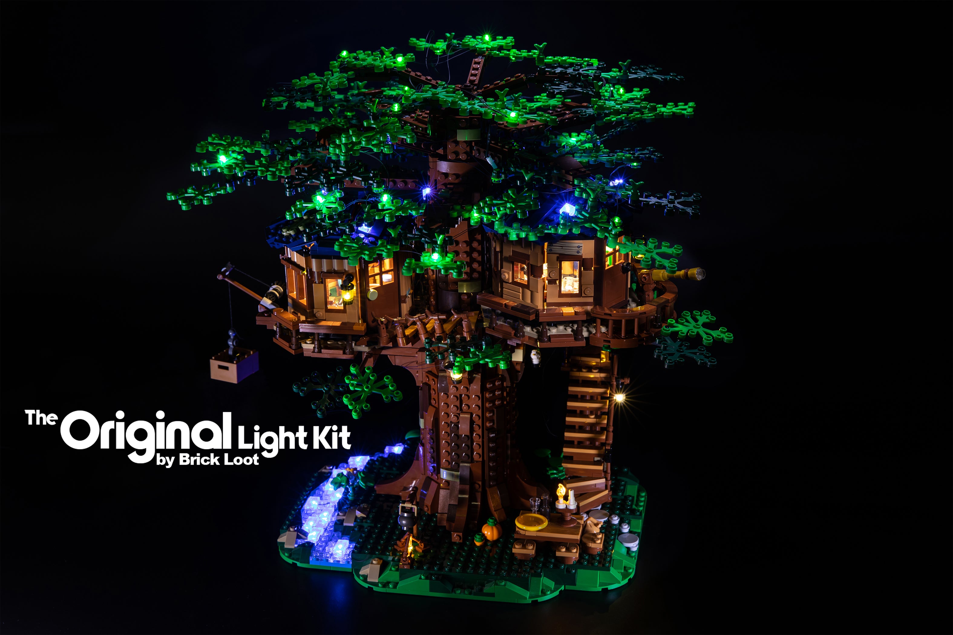 LEGO Ideas Tree House set 21318, fully illuminated with the Brick Loot LED Light Kit.