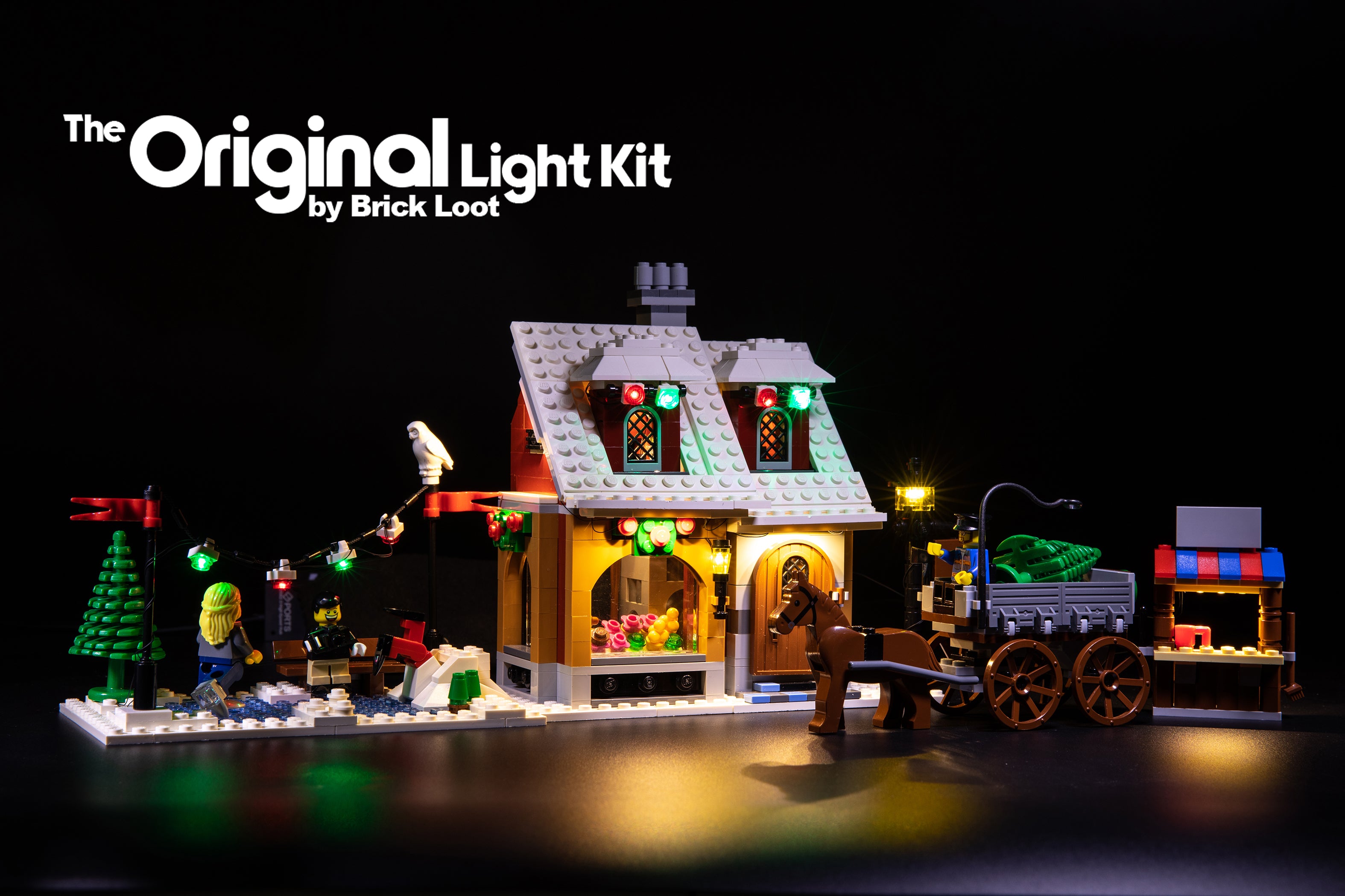 LEGO Creator Winter Village Bakery set 10216, beautifully illuminated with the Brick Loot LED Light kit