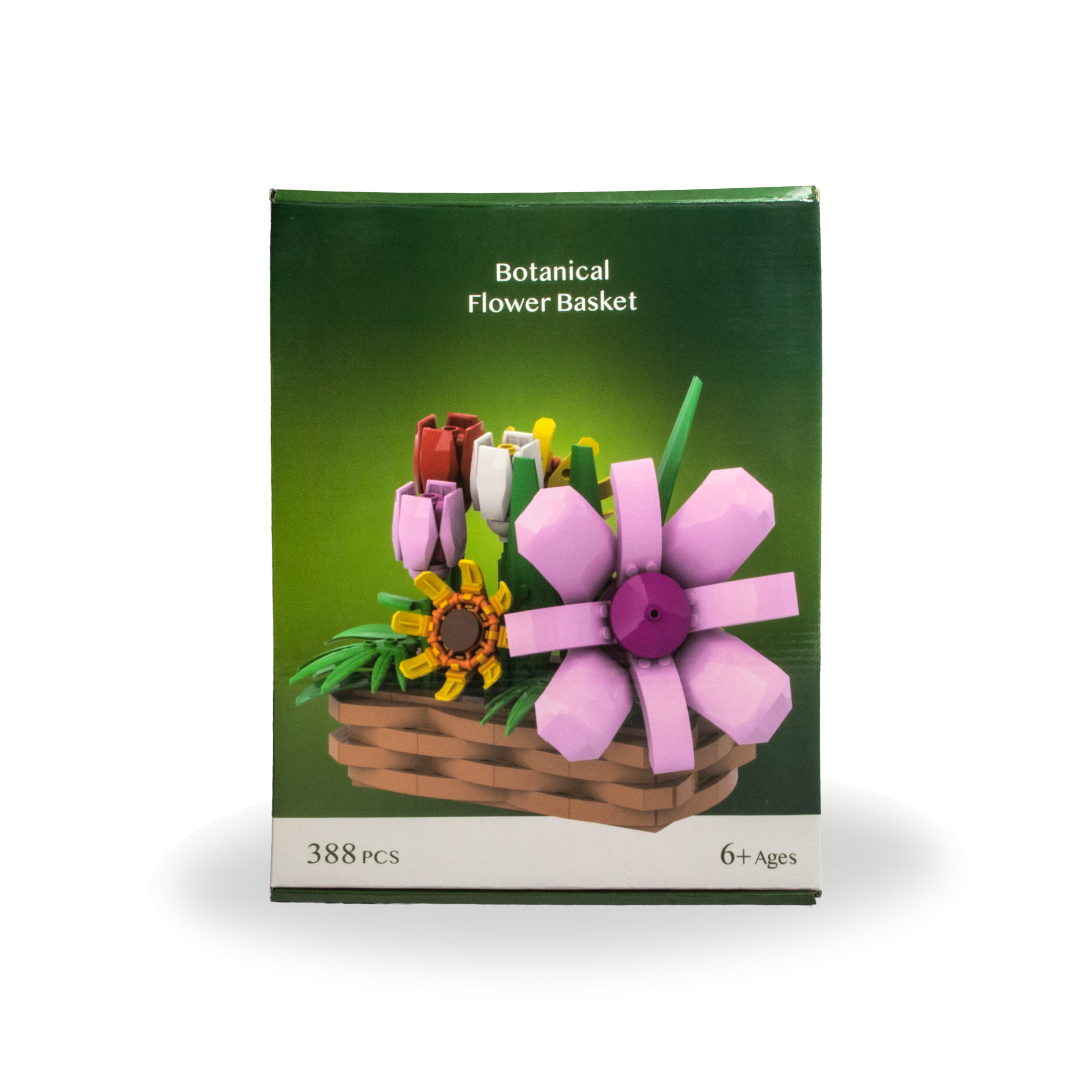 Box of Botanical Flower Basket toy set with colorful flowers and a basket on a green background.