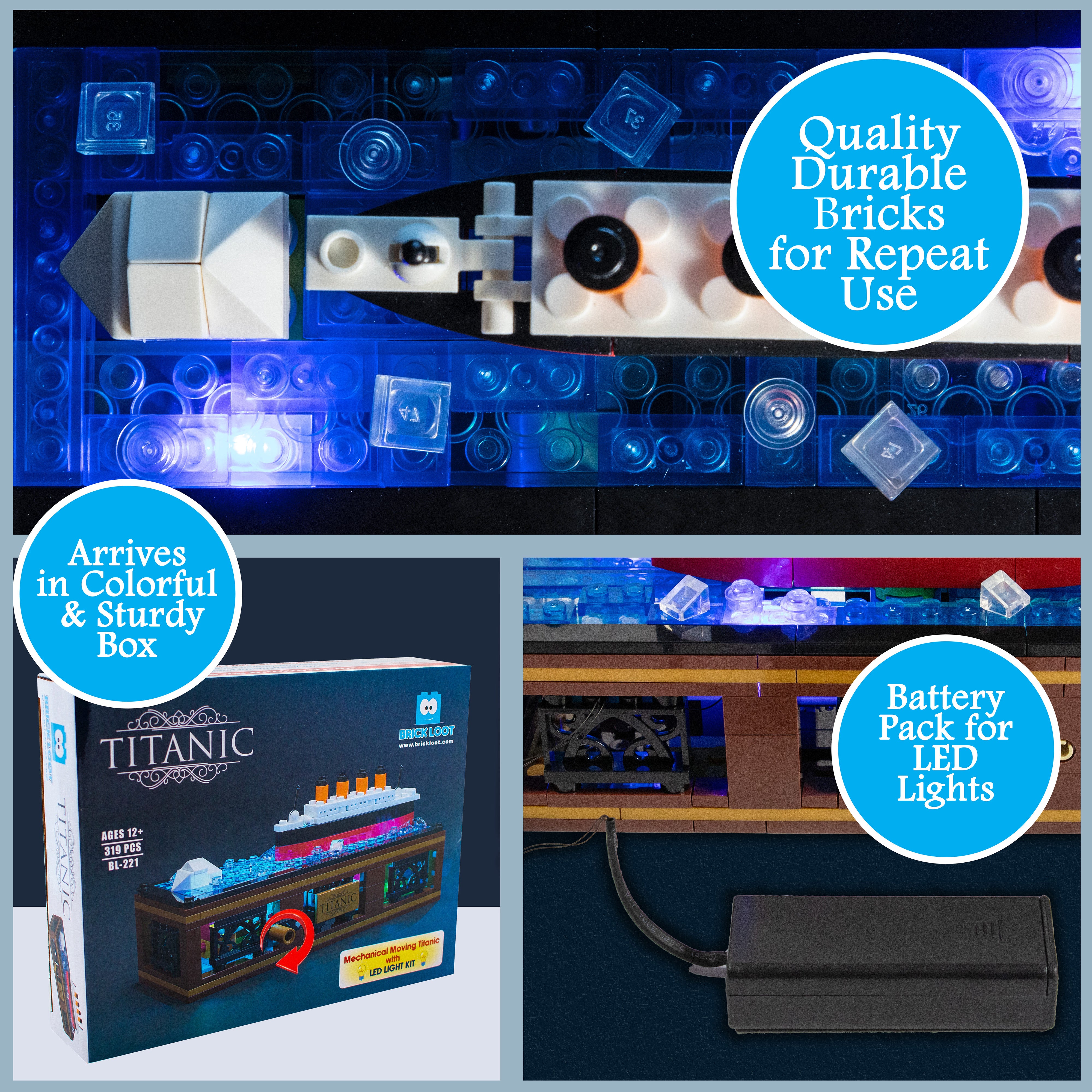 Moving Titanic Ship Brick Set - with LED Light Kit