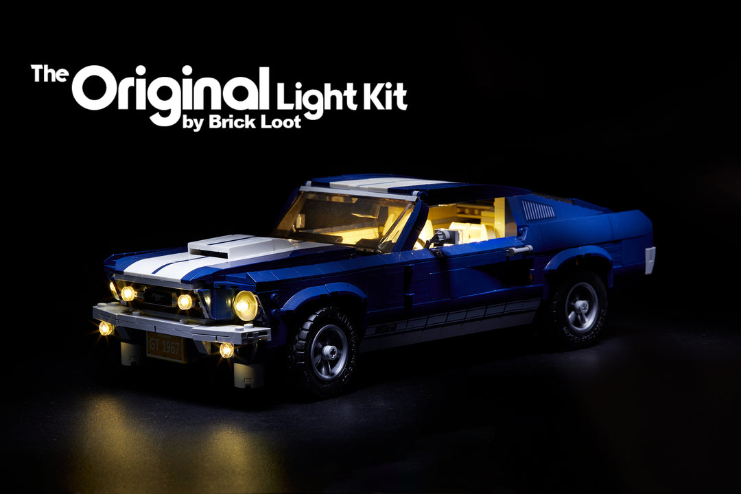 blue LEGO Ford Mustang set 10265, with the custom Brick Loot LED Light kit installed.