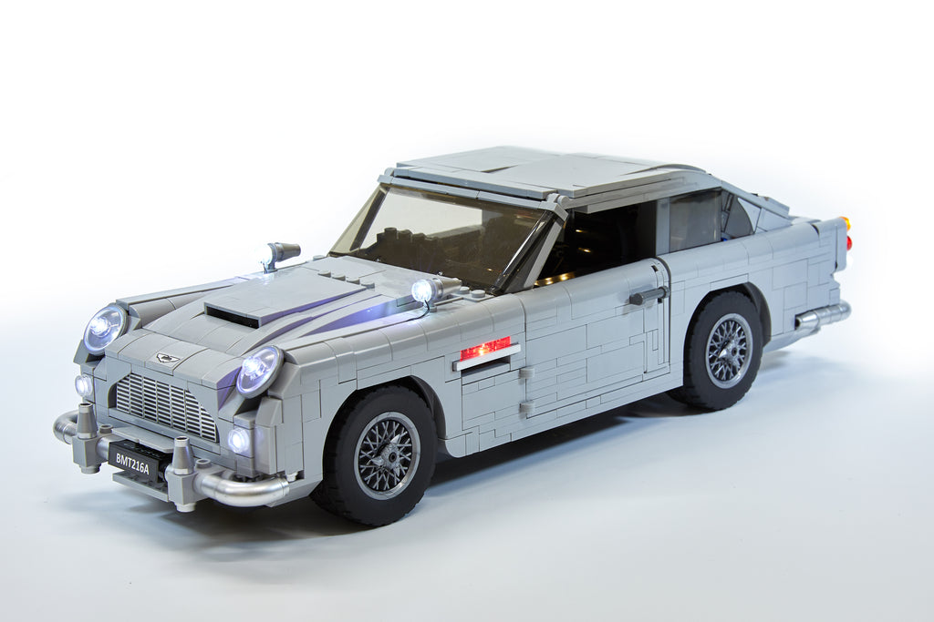 LEGO James Bond Aston Martin DB5 model - set 10262, illuminated with the Brick Loot custom LED light kit.