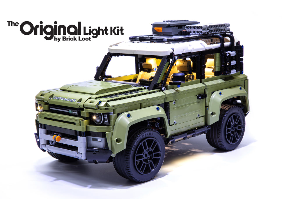 LEGO Land Rover Defender set 42110 with the Brick Loot LED Light kit installed.