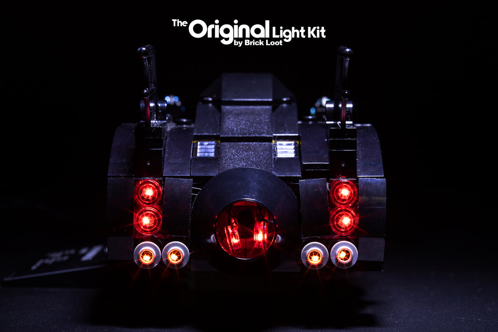 Rear view of the  LEGO 1989 Batmobile Mini - Limited Edition - set 40433 with Brick Loot LED Light Kit installed. 