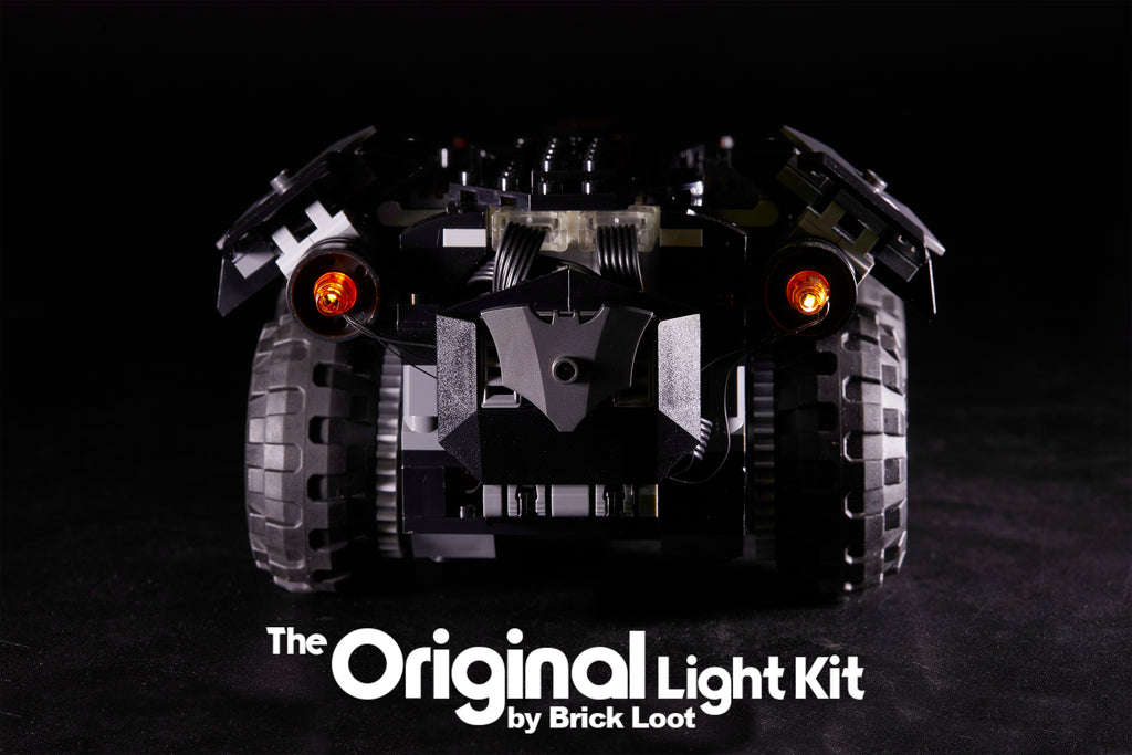 Rear view of the LEGO App-controlled Batmobile set 76112 with the Brick Loot LED Lighting Kit.