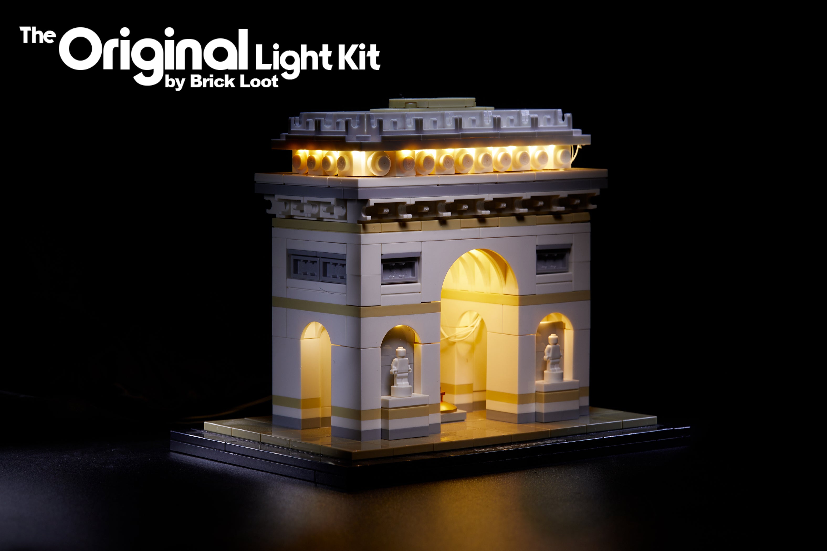 LEGO Architecture Arc de Triomphe set 21036, beautifully illuminated with the Brick Loot LED Light Kit. 
