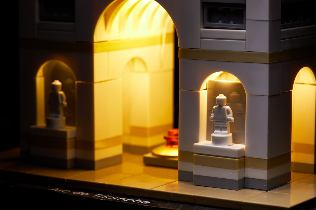 Close-up of the LEGO Architecture Arc de Triomphe set 21036, beautifully illuminated with the Brick Loot LED Light Kit. 