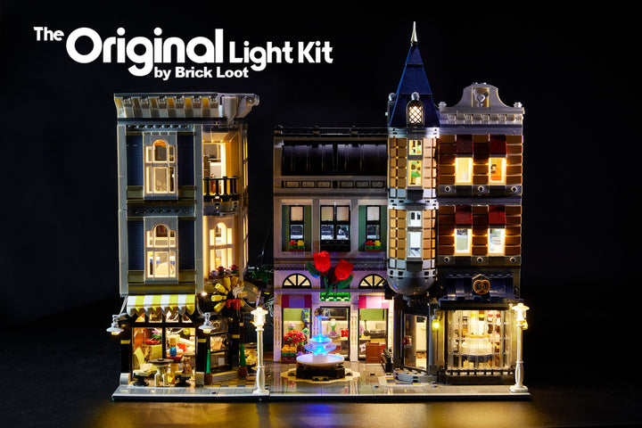 LEGO Assembly Square set 10255 with the Brick Loot LED Light Kit installed. Brilliant lights inside and out!