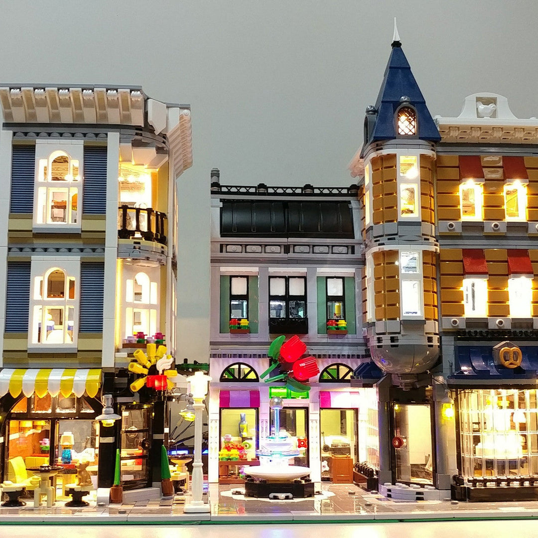 LEGO Assembly Square set 10255 with the Brick Loot LED Light Kit installed. Brilliant lights day and night!