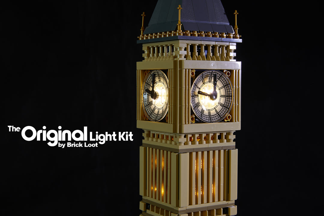 Close-up of the LEGO Architecture Big Ben model set 10253 with the Brick Loot LED kit installed. 