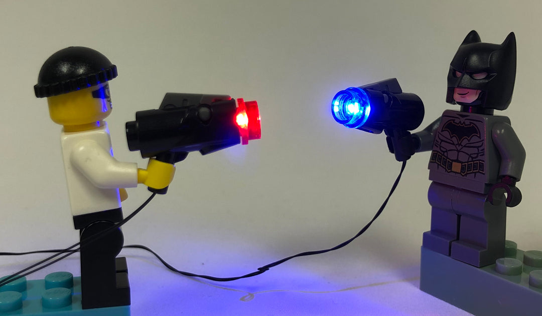 LED Blaster Gun: Red, Blue and White - LIGHT LINX  - works with LEGO bricks - by Brick Loot