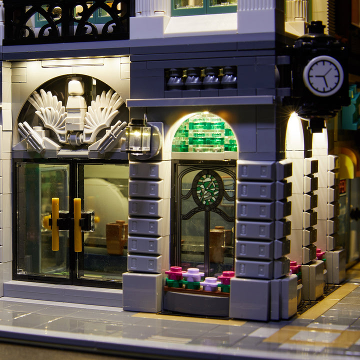 Close-up of the LEGO Brick Bank set 10251, with Brick Loot LED lights.
