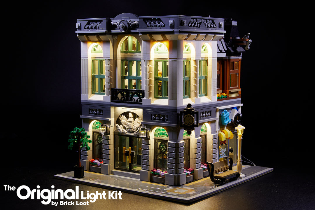 Brick Loot custom LED kit lights up the architectual details of the LEGO Brick Bank set 10251.