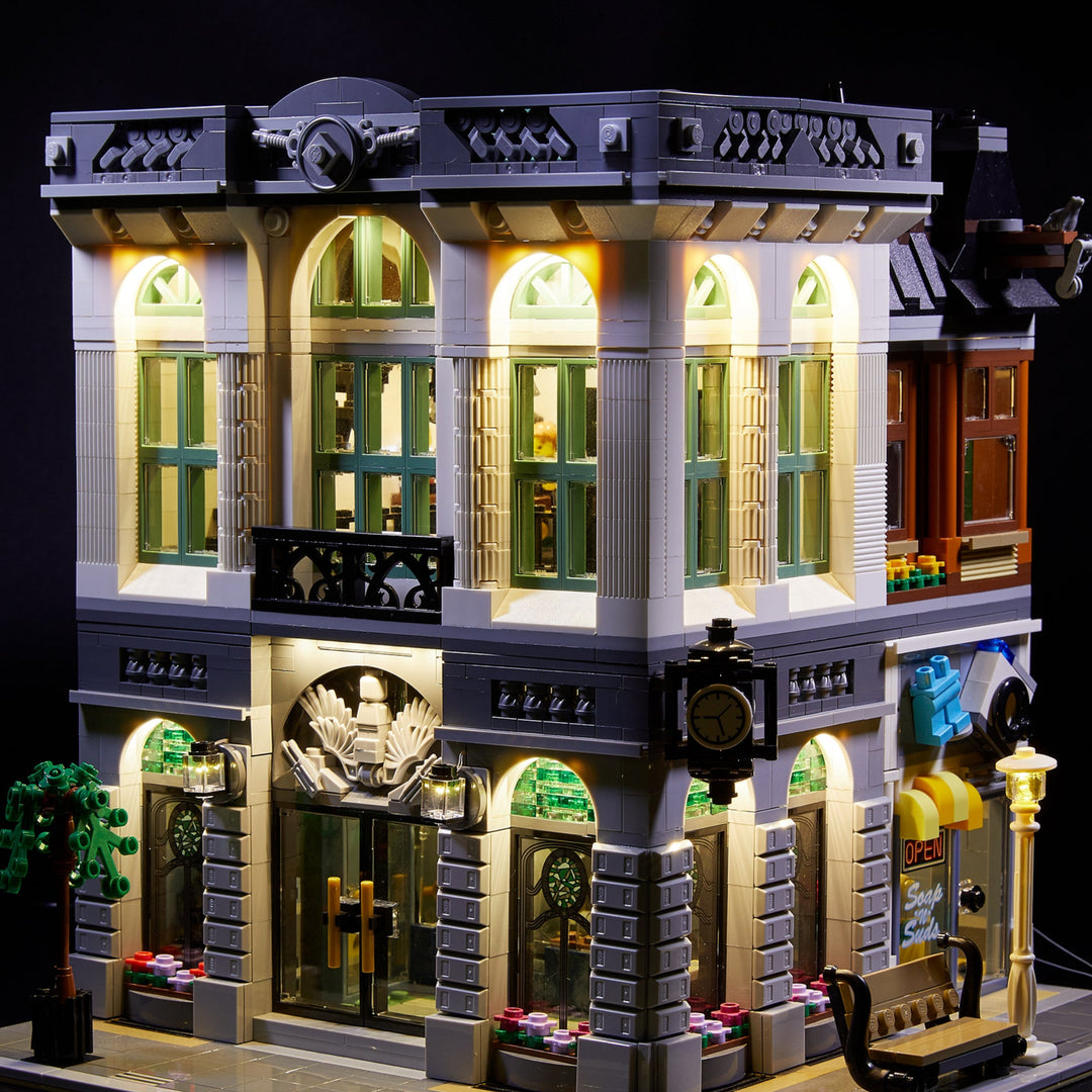 Brick Loot custom LED kit lights up the architectual details of the LEGO Brick Bank set 10251.