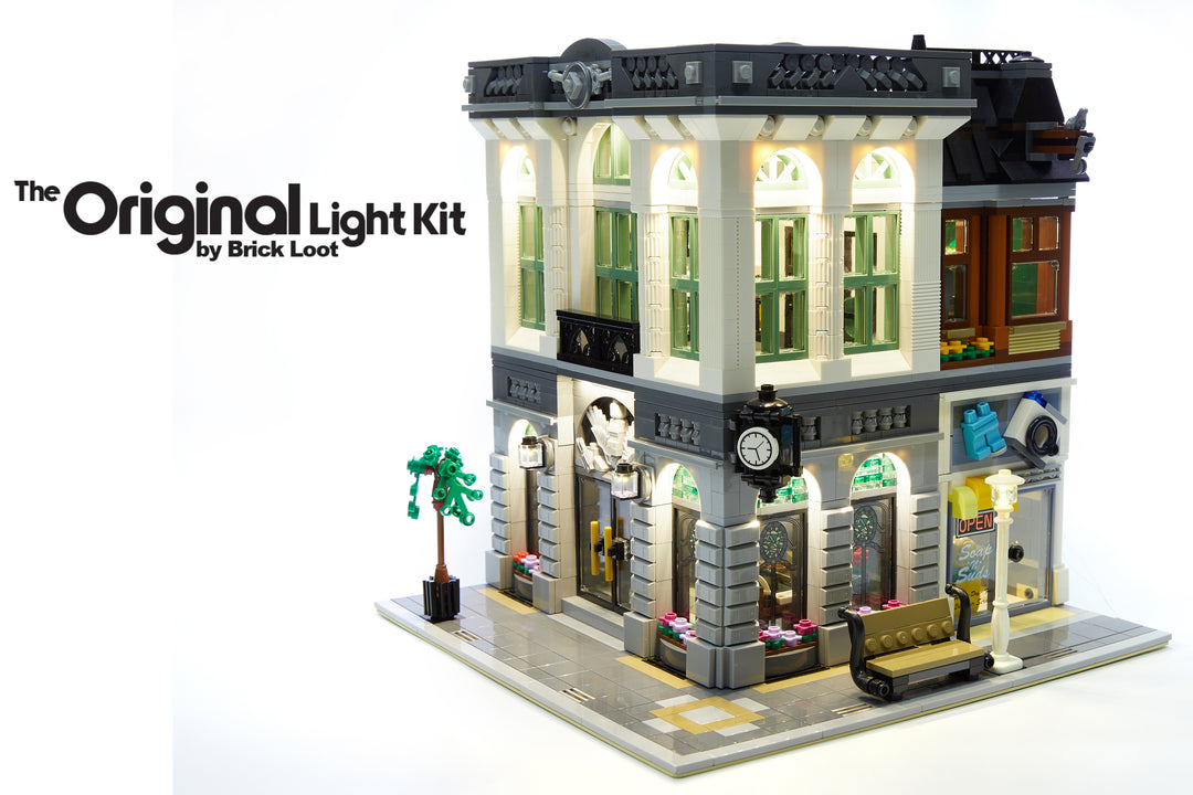 Brick Loot custom LED kit lights up the architectual details and the interior of the LEGO Brick Bank set 10251.