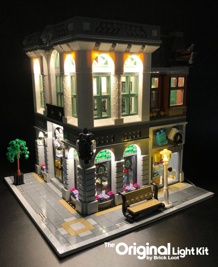 Brick Loot custom LED kit lights up the architectual details and the interior of the LEGO Brick Bank set 10251.