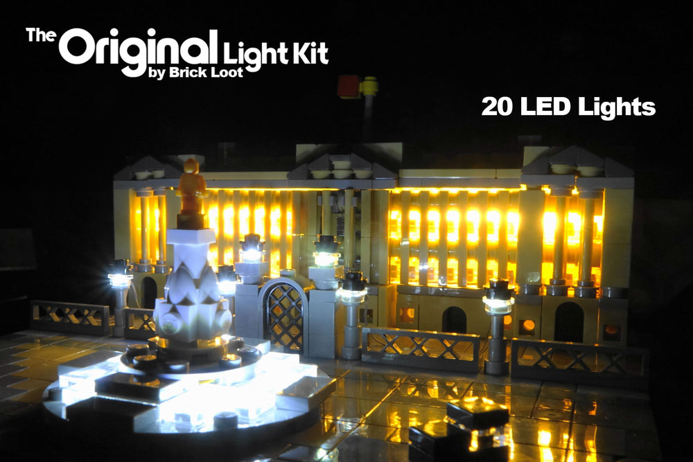 Close-up of the LEGO Architecture Buckingham Palace set 21029, beautifully illumuniated with the Brick Loot LED Light Kit.