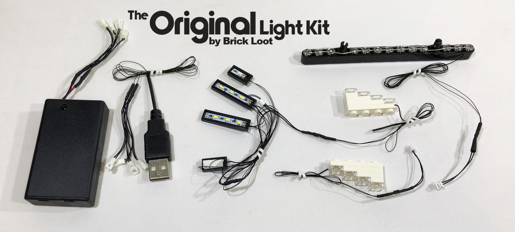 Brick Loot Light Kit LED strings, USB, and battery pack, all custom-designed to light up the LEGO Bugatti Chiron set 42083 sportcar. 
