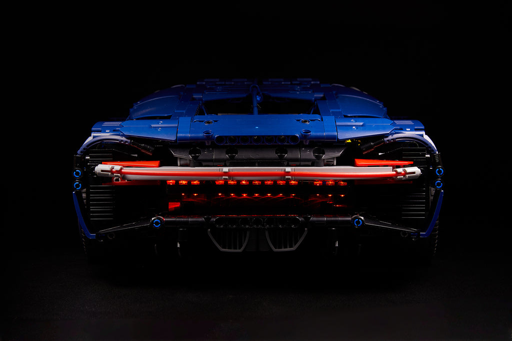 Back view of teh LEGO Bugatti Chiron set 42083 with the custom Brick Loot LED Light Kit installed. 