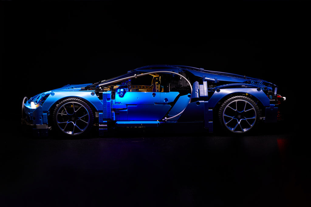 Side view of the LEGO Bugatti Chiron set 42083 with the custom Brick Loot LED Light Kit installed. 