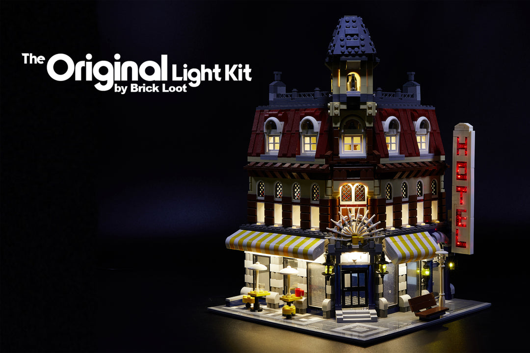 Cafe Corner LEGO set 10182 with the Brick Loot LED Light kit and optional flashing Hotel sign installed. 