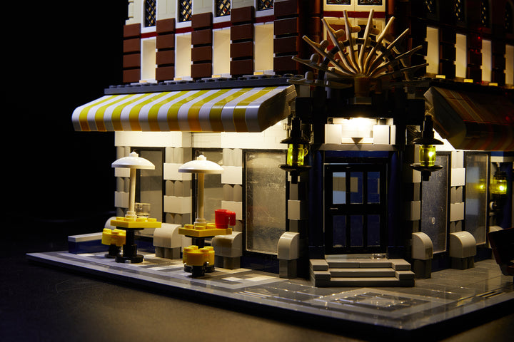 Close up of the Cafe Corner LEGO set 10182 with the Brick Loot LED Light kit  installed. 