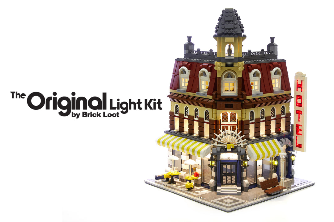 Cafe Corner LEGO set 10182 with the Brick Loot LED Light kit and optional flashing Hotel sign installed.  The exterior and interior lights are brilliant day and night!