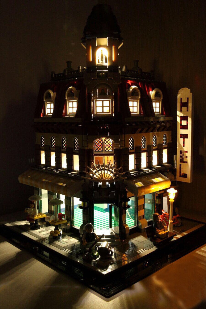 Cafe Corner LEGO set 10182 with the Brick Loot LED Light kit installed.  The exterior and interior lights are brilliant day and night!