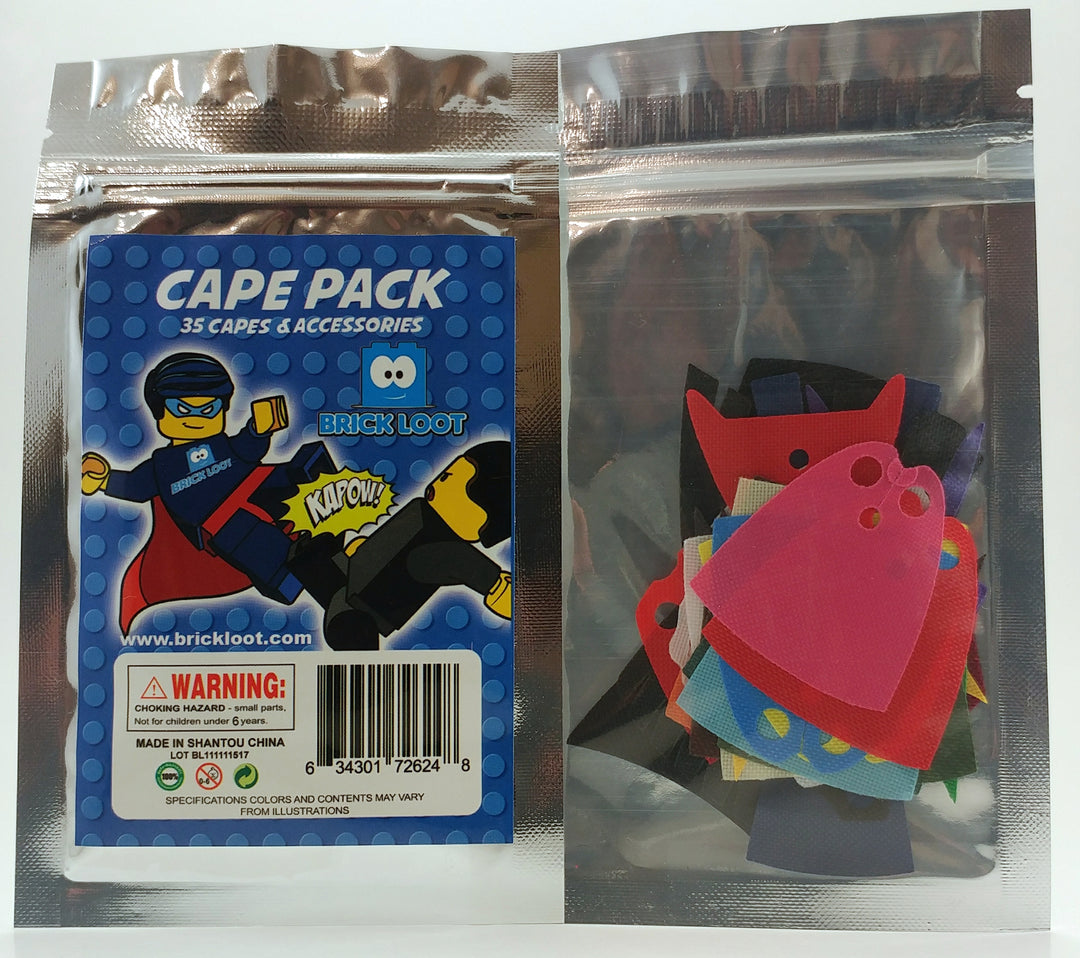 Brick Loot Cape Pack - 35 Fabric Capes and Accessories (Minifigures not included), sold in blister packaging