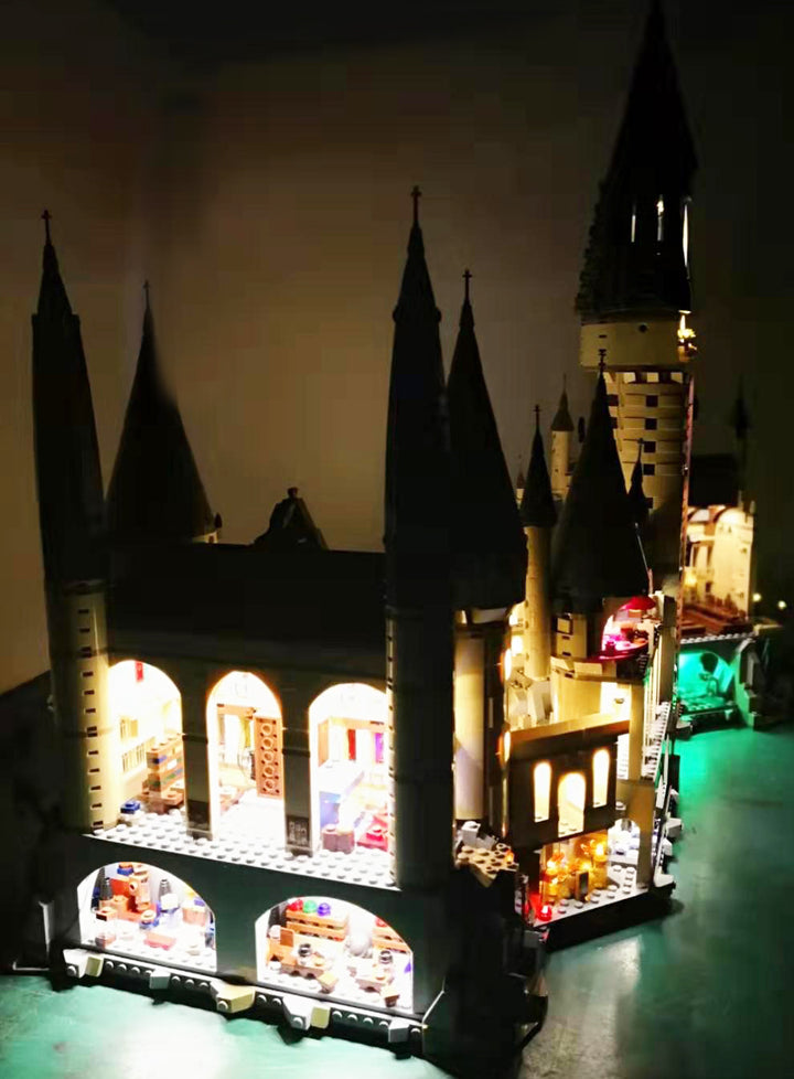 Side view of the LEGO Harry Potter Hogwarts Castle set 71043 with the Brick Loot LED Light Kit installed.